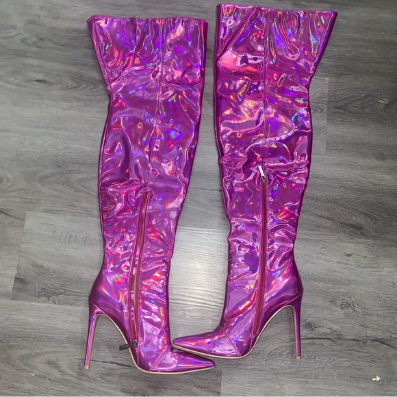 Shoes - Pink Holographic Cape Robbin Thigh High Boots